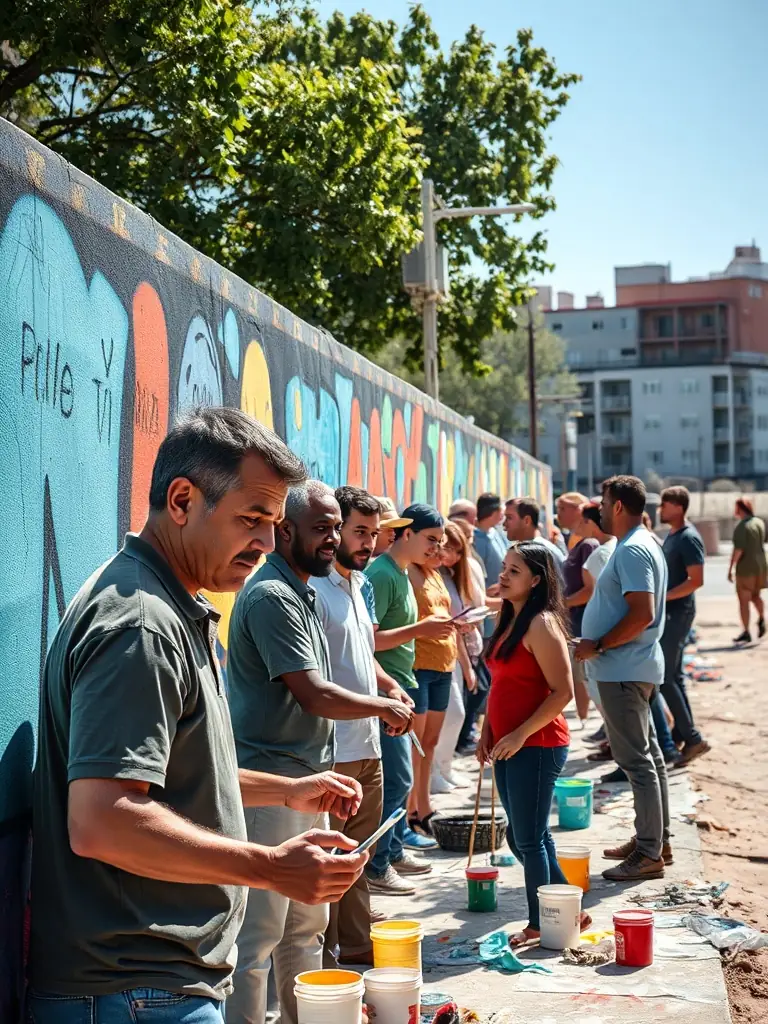 A heartwarming photo of L'ASSOS PIQUANTE volunteers working on a community mural project, enhancing public spaces and fostering civic pride.