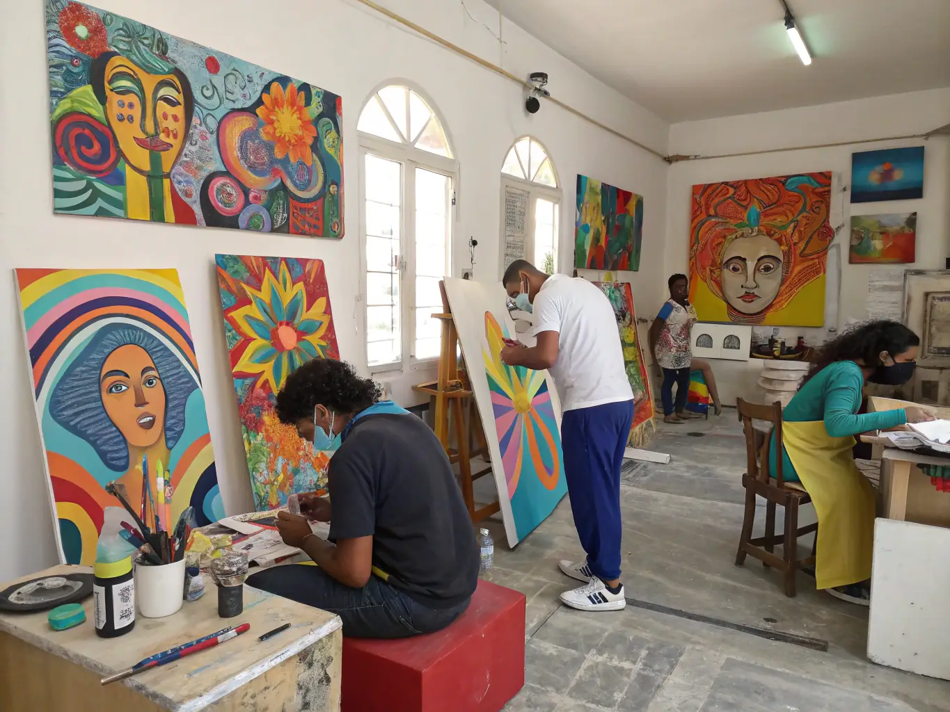 An image depicting a group of young adults participating in an interactive art workshop led by a professional artist, focusing on skill development and creative exploration.